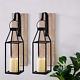 S. H. Set Of 2 Rustic Wood And Metal Hanging Lantern Sconce Glass Candle Holders