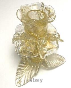 SALVIATI Murano Glass Flower Candle Holder Gold Polvieri Flecks Rose Candlestick