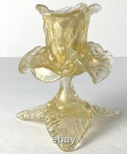 SALVIATI Murano Glass Flower Candle Holder Gold Polvieri Flecks Rose Candlestick