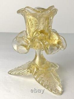 SALVIATI Murano Glass Flower Candle Holder Gold Polvieri Flecks Rose Candlestick