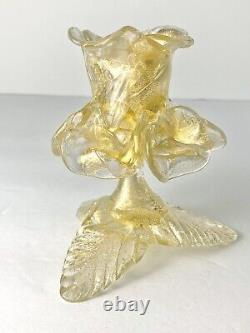 SALVIATI Murano Glass Flower Candle Holder Gold Polvieri Flecks Rose Candlestick