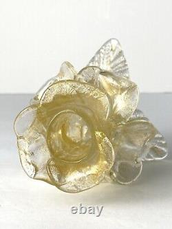 SALVIATI Murano Glass Flower Candle Holder Gold Polvieri Flecks Rose Candlestick