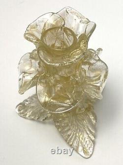 SALVIATI Murano Glass Flower Candle Holder Gold Polvieri Flecks Rose Candlestick