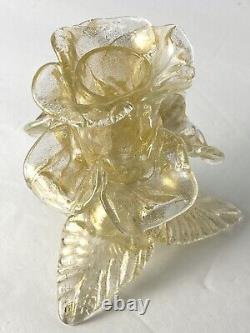 SALVIATI Murano Glass Flower Candle Holder Gold Polvieri Flecks Rose Candlestick