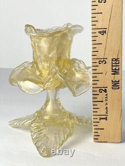 SALVIATI Murano Glass Flower Candle Holder Gold Polvieri Flecks Rose Candlestick