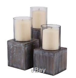 Set Of 3 Dark Grey Stain Wood And Glass Hurricane Candle Holders Home Decor