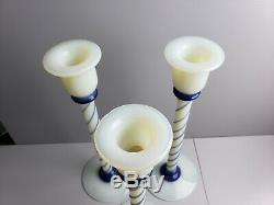 SET OF 3 Fry Foval Delft Hand Blown Blue Glass Candlesticks