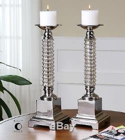 Set Of Two Rich Silver Nickel Candle Holder Sticks Ribbed Glass Accents Candles
