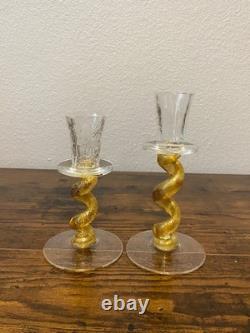 SET Of 2 UNION STREET GOLD SPIRAL Hand Blown Glass Candle Stick Holders SIGNED