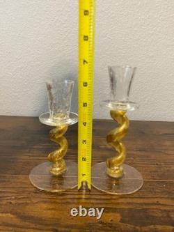 SET Of 2 UNION STREET GOLD SPIRAL Hand Blown Glass Candle Stick Holders SIGNED