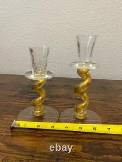SET Of 2 UNION STREET GOLD SPIRAL Hand Blown Glass Candle Stick Holders SIGNED