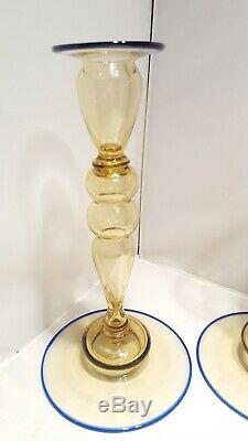 STEUBEN Amber Yellow & Celeste Blue Candlesticks, Vase & Bowl 1920's Lot