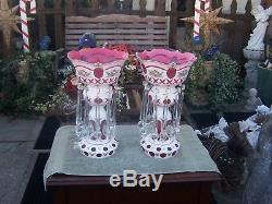 STUNNING PAIR ANTIQUE BOHEMIAN GLASS MANTLE LUSTERS 16 inches tall VERY NICE