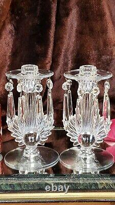 SUNBURST Crystal Glass Candle Holders Candlesticks w CRYSTALS UNIQUE Antique