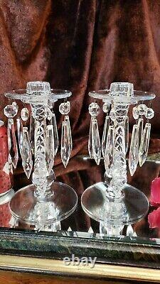 SUNBURST Crystal Glass Candle Holders Candlesticks w CRYSTALS UNIQUE Antique