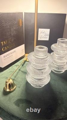 Saks Fifth Avenue Glass Taper Candle Holders Set of 2 + Snuffer + 6 Candles