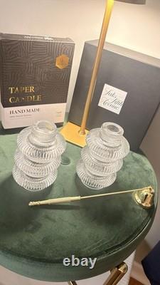 Saks Fifth Avenue Glass Taper Candle Holders Set of 2 + Snuffer + 6 Candles