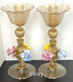 Salviati Murano Venetian Glass Italian Gold Fleck Pair Candle Holders 1940's