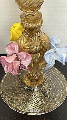 Salviati Murano Venetian Glass Italian Gold Fleck Pair Candle Holders 1940's