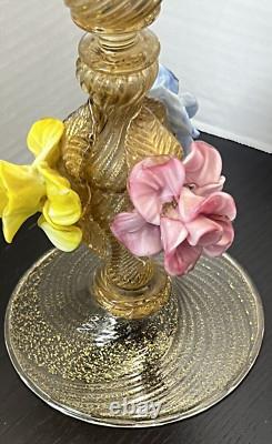 Salviati Murano Venetian Glass Italian Gold Fleck Pair Candle Holders 1940's