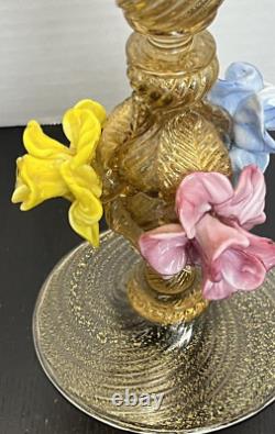 Salviati Murano Venetian Glass Italian Gold Fleck Pair Candle Holders 1940's