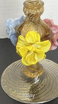 Salviati Murano Venetian Glass Italian Gold Fleck Pair Candle Holders 1940's