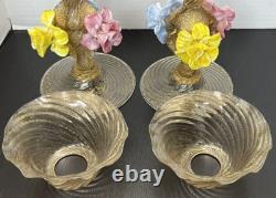 Salviati Murano Venetian Glass Italian Gold Fleck Pair Candle Holders 1940's