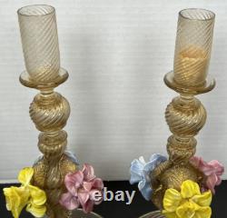 Salviati Murano Venetian Glass Italian Gold Fleck Pair Candle Holders 1940's