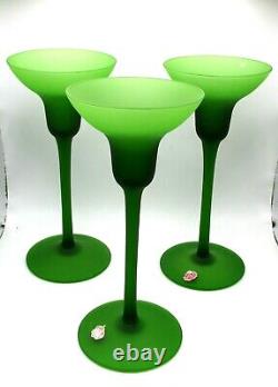 Scarce Set Of 3 Italian MCM Carlo Moretti Green Satin Glass Candle Holders