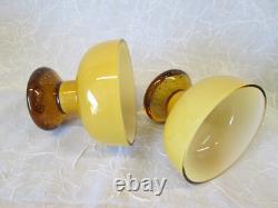 Set 2 EMPOLI AMBER CASED Milk Glass Pair 3.75 Tall Candlesticks Candle Holders