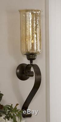 Set 2 Glass Wall Sconce Antiqued Bronze Amber Glass Candle Holders Forged Metal