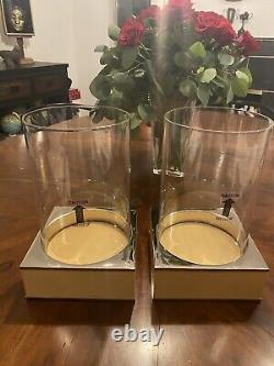 Set 2 Williams Sonoma Home Figured Maple Nickel Hurricanes Glass Candleholders