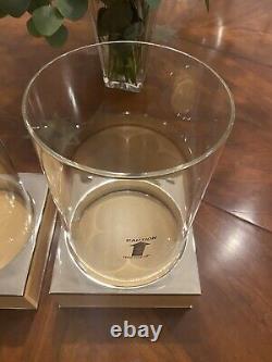 Set 2 Williams Sonoma Home Figured Maple Nickel Hurricanes Glass Candleholders