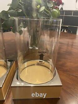 Set 2 Williams Sonoma Home Figured Maple Nickel Hurricanes Glass Candleholders