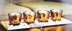 Set 4 Copper Effect Metallic Glass Tealight Candle Holders with Tray Home Decor