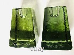 Set FIRE & and LIGHT Green Recycled Art Glass Candle Holders 3H Modern Signed