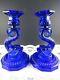 Set Of 2 Rare Mossier Cobalt Blue Glass Candlesticks Candle Holder Fish Koi