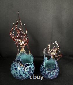 Set Of 2 Signed 720 Glassworks Lunar Fireball Votive Art Glass Candleholders