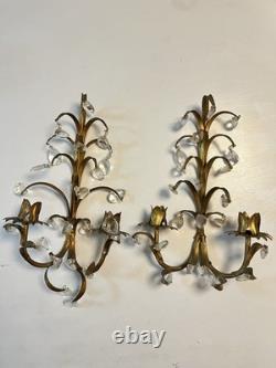 Set Of 2 Vintage Italy Wall Sconce Fixture 2 Candle Holders Gold Glass Prisms