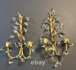 Set Of 2 Vintage Italy Wall Sconce Fixture 2 Candle Holders Gold Glass Prisms