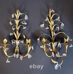 Set Of 2 Vintage Italy Wall Sconce Fixture 2 Candle Holders Gold Glass Prisms