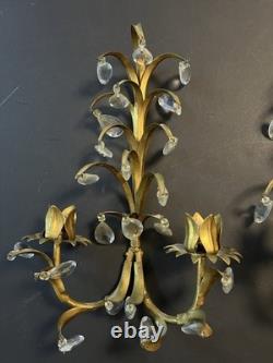 Set Of 2 Vintage Italy Wall Sconce Fixture 2 Candle Holders Gold Glass Prisms