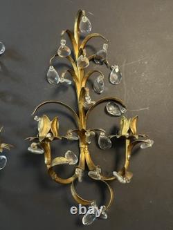 Set Of 2 Vintage Italy Wall Sconce Fixture 2 Candle Holders Gold Glass Prisms