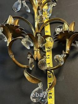 Set Of 2 Vintage Italy Wall Sconce Fixture 2 Candle Holders Gold Glass Prisms