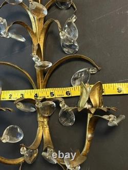 Set Of 2 Vintage Italy Wall Sconce Fixture 2 Candle Holders Gold Glass Prisms