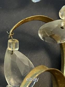 Set Of 2 Vintage Italy Wall Sconce Fixture 2 Candle Holders Gold Glass Prisms