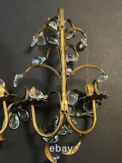 Set Of 2 Vintage Italy Wall Sconce Fixture 2 Candle Holders Gold Glass Prisms