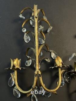Set Of 2 Vintage Italy Wall Sconce Fixture 2 Candle Holders Gold Glass Prisms