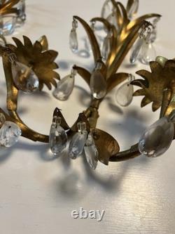 Set Of 2 Vintage Italy Wall Sconce Fixture 2 Candle Holders Gold Glass Prisms