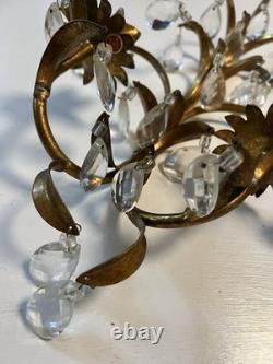 Set Of 2 Vintage Italy Wall Sconce Fixture 2 Candle Holders Gold Glass Prisms